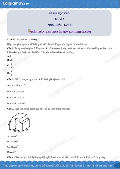 Đề thi học kì 2 Toán 7 - Đề số 2 - Kết nối tri thức